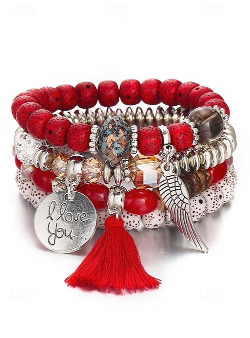 LUBINGSHINE Set Di 4 Braccialetti Bohémien Multistrato Con Perline E Ciondolo Cuore - Gioielli Etnici Impilabili Donna