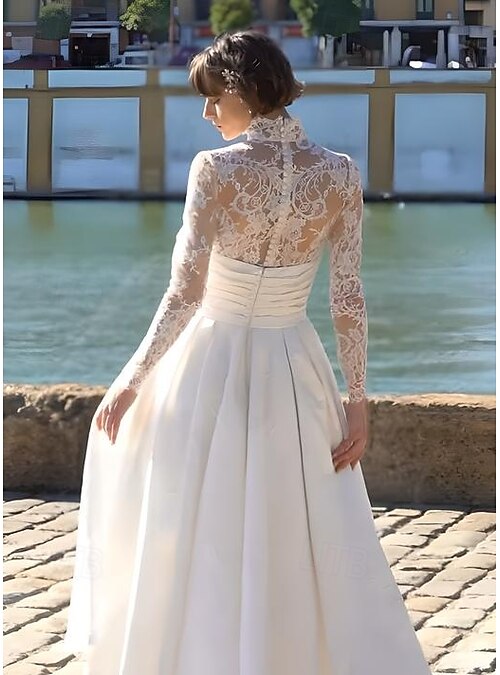 Wedding Dresses A-Line Illusion Neck Long Sleeve Asymmetrical Lace Bridal  Gowns With Embroidery Solid Color 2026 - 226.99