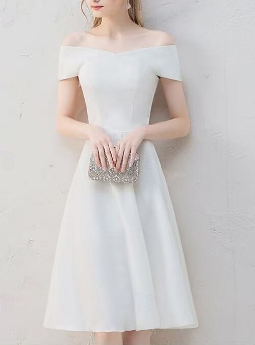 Reception Little Graduation White Dresses Boho Wedding Dresses A-Line Off  Shoulder Regular Straps Knee Length Jersey Bridal Suits Bridal Gowns With  Solid Color 2026 - kr.1759