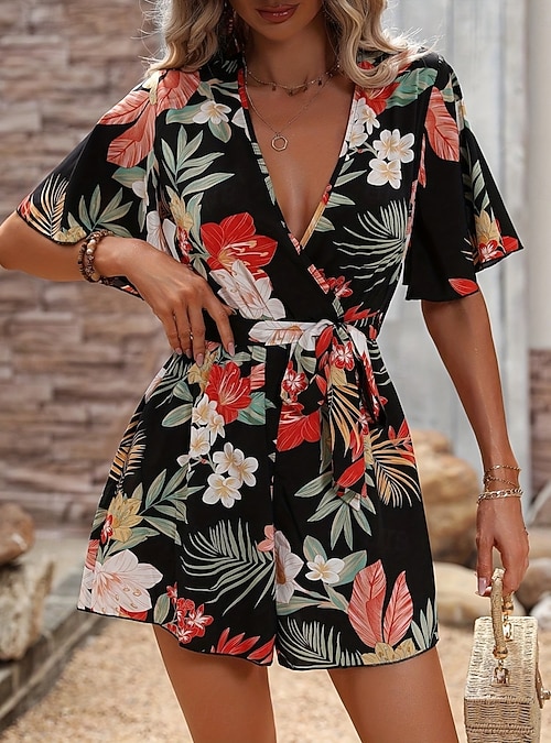 Women's Normal Romper Active Floral Short Sleeve V Neck High Waist