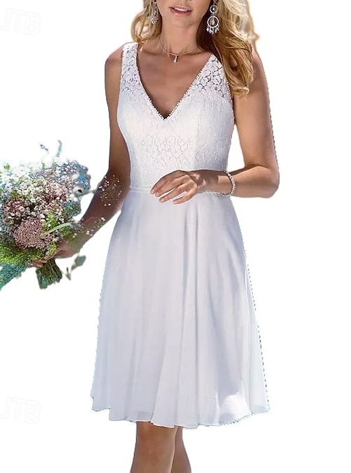 A-Line Knee Length Wedding Dresses Bridal Shower Dresses Bridal Gown Little White Dresses Sleeveless V Neck Graduation Birthday Chiffon Lace with Sash A-Line Knee Length Wedding Dresses Bridal Shower Dresses Bridal Gown Little White Dresses Sleeveless V Neck Graduation Birthday Chiffon Lace with Sash