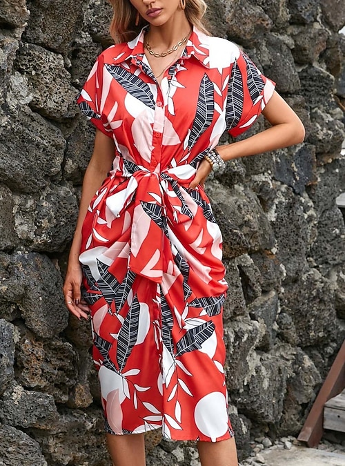 Women's Midi Dress Casual Dress A Line Dress Stylish Casual Vacation Daily  Regular Fit Floral Leaf Short Sleeve Shirt Collar Red Green Summer 2026 -  $35.99