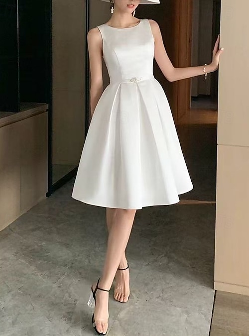 Little Graduation White Dresses Boho Wedding Dresses A-Line V Neck  Sleeveless Knee Length Jersey Bridal Suits Bridal Gowns With Sash / Ribbon  Pleats 2026 - $141.99