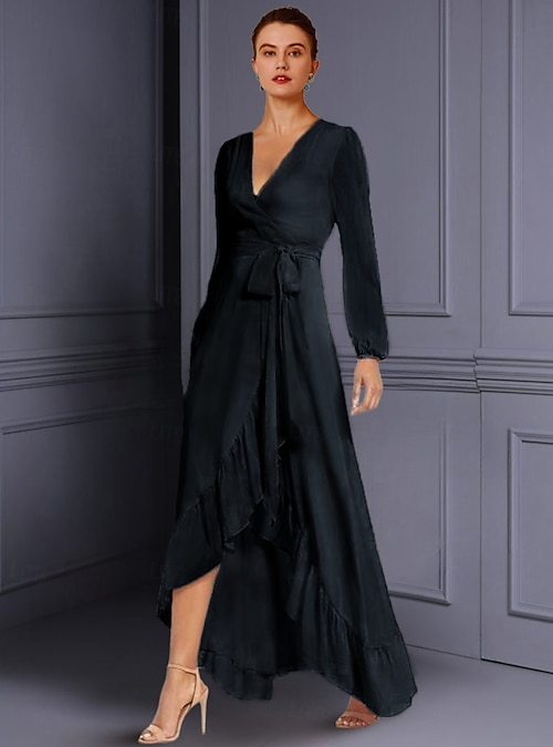 A-Line Mother of the Bride Dress Wedding Guest Elegant High Low V Neck Asymmetrical Tea Length Chiffon Long Sleeve with Ruched Split Front free custom size 2026 - $138.99 A-Line Mother of the Bride Dress Wedding Guest Elegant High Low V Neck Asymmetrical Tea Length Chiffon Long Sleeve with Ruched Split Front free custom size 2026 - $138.99