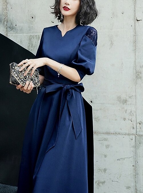 A-Line Cocktail Dresses Elegant Dress Formal Ankle Length Half Sleeve V  Neck Pocket Satin with Bow(s) Dresses 2026 - AU $145.89