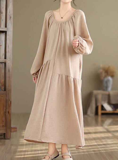 Women's Maxi Dress Cotton Blend Shift Dress Casual Dress Basic Casual Daily  Vacation Regular Fit Plain Long Sleeve V Neck Black Apricot Summer 2026 -  $39.99