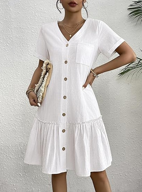 Women's Mini Dress Cotton Blend Shift Dress Stylish Basic Casual Daily  Regular Fit Plain Short Sleeve V Neck White Yellow Summer 2026 - $26.99