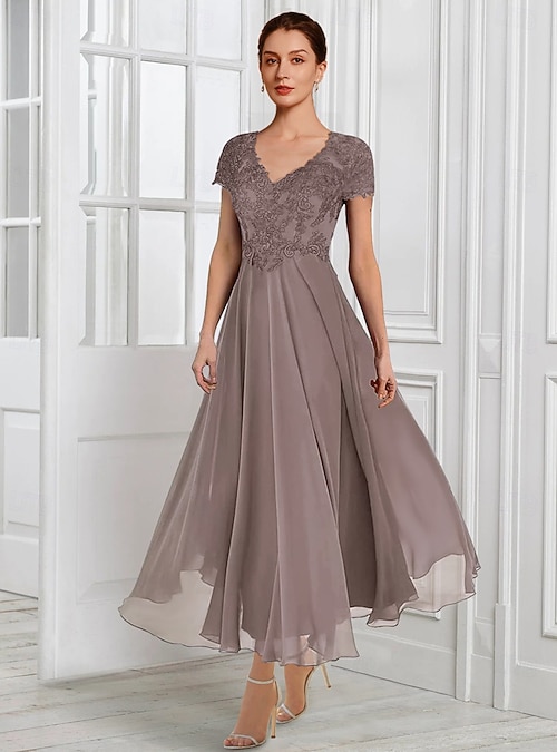 Two Piece A-Line Mother of the Bride Dress Formal Wedding Guest Elegant V  Neck Tea Length Chiffon Lace Short Sleeve Jacket Dresses with Pleats  Appliques 2026 - $150.99
