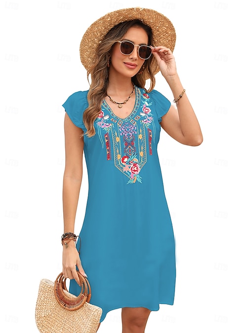 Valentine's Day Women's Normal Mini Dress Petite Dress Boho Chic Dresses A  Line Dress Boho Dress Bohemia Stylish Classic Cap Sleeve Cold Shoulder  Vacation Party Daily Form Fit Geometric Plain 2026 -