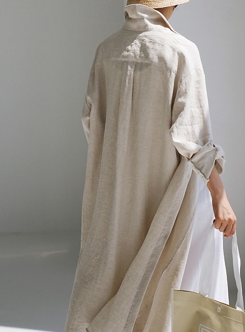 Women's Long Dress Maxi Dress Faux Cotton Linen Shirt Dress Kaftan Dress Casual Dress Stylish Casual Daily Vacation Date Regular Fit Plain Long Sleeve Lapel Black Navy Blue Apricot Summer Spring 2026 - Women's Long Dress Maxi Dress Faux Cotton Linen Shirt Dress Kaftan Dress Casual Dress Stylish Casual Daily Vacation Date Regular Fit Plain Long Sleeve Lapel Black Navy Blue Apricot Summer Spring 2026 -