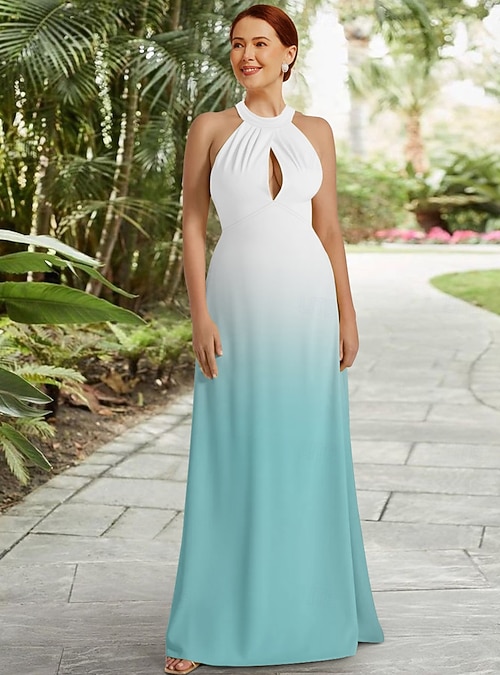 Mother of the Bride A-Line Dress Beach Wedding With Detachable Cape Elegant  Halter Neck Floor Length Ombre Chiffon Ruched Sleeveless with Ruched  Details 2026 - $185.99