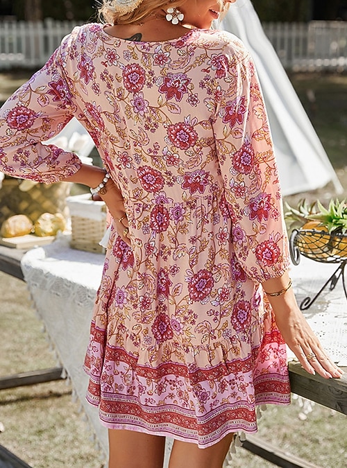 Women's Mini Dress Petite Dress Casual Dress Boho Chic Dresses Boho Dress Bohemia Cute Stylish Vacation Daily Beach Loose Fit Graphic Long Sleeve V Neck Red Green Spring Fall 2026