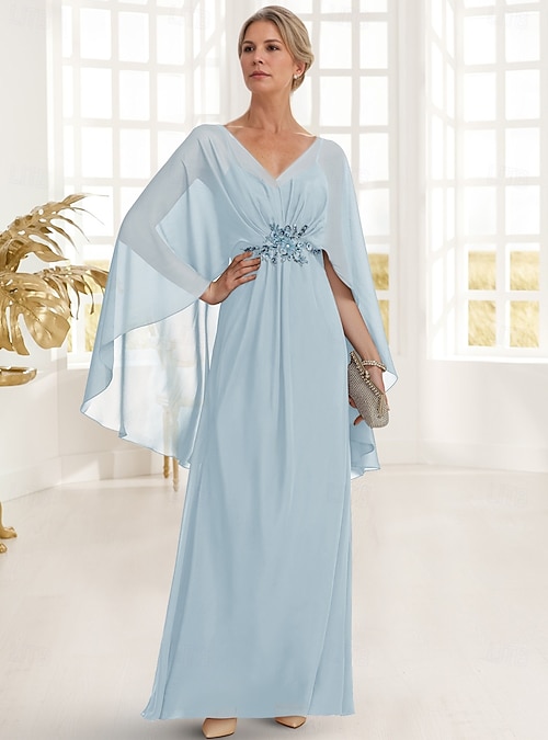 A-Line Dress Mother of the Bride Dress Formal Elegant V Neck Floor Length  Chiffon Half Sleeve with Lace Solid Color 2026 - $188.99