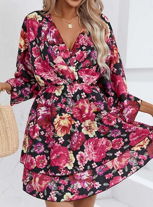 Women s Mini Dress Casual Dress A Line Dress Stylish Casual Vacation Daily Regular Fit Floral 3/4 Length Sleeve V Neck Black Red Summer Spring