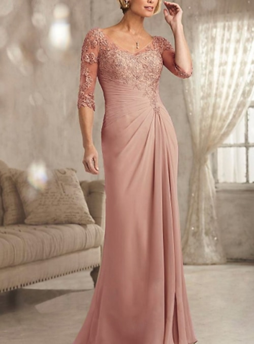Sheath Column Floor Length Wedding Guest Dress Formal Dresses Evening Gown  Mother of the Bride Dress Half Sleeve V Neck Plus Size Sexy See Through Wedding  Guest Chiffon Lace with Lace 2026 -