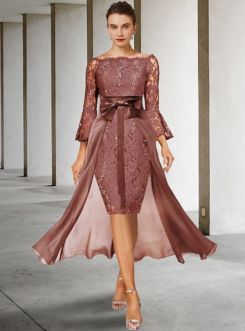 スーツ・フォーマル・ドレス sheer motif lace OP&gather breast tankOP 3/4 Sleeve Sheer Chiffon Lace Two Piece Sheath Mother of