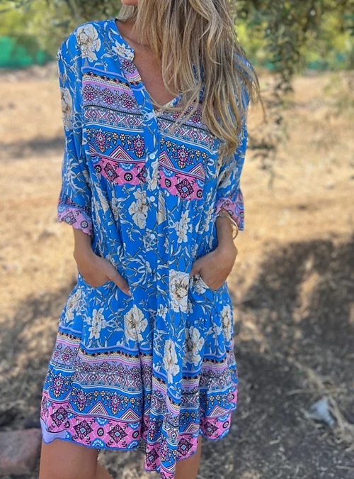 blue bohemia dress Blue Vacation Elegant Bohemia Flower Printed Long Sleeve Midi Dress –  Drewliet main image 1