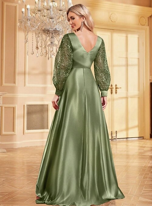 A-Line Evening Gown Elegant Dress Wedding Guest Evening Party Floor Length  Long Bubble Sleeve V Neck Satin With Glitter 2026 - $125.99