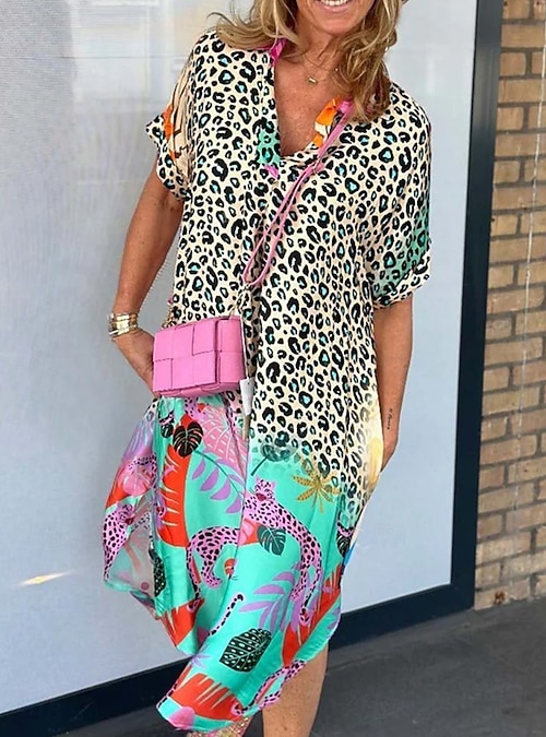 loose leopard v neck maxi dress Leopard Print V-Neck Maxi Dress Loose Fit Cheetah Animal Print Milk Silk Gown