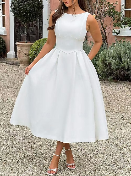 Little White Dress Bridal Shower Dresses Boho Wedding Dresses A-Line Scoop  Neck Sleeveless Tea Length Jersey Bridal Suits Bridal Gowns With Pleats  Solid Color 2026 - kr.1829