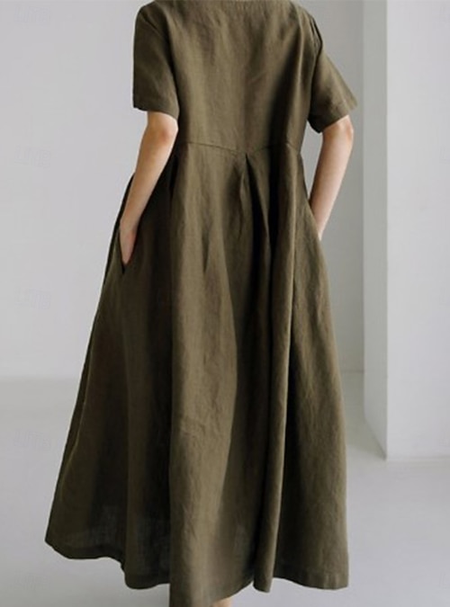 slim fit dress slacks Short Sleeve Midi Shift Pencil Dress with Pocket Army Green main image 1