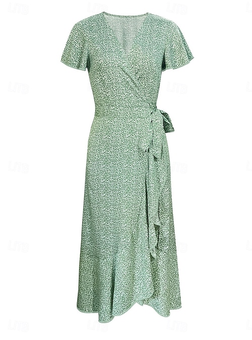 Women's Midi Dress Casual Dress Wrap Dress A Line Dress Stylish Casual  Vacation Daily Regular Fit Floral Short Sleeve V Neck Green Summer 2026 -  $32.99