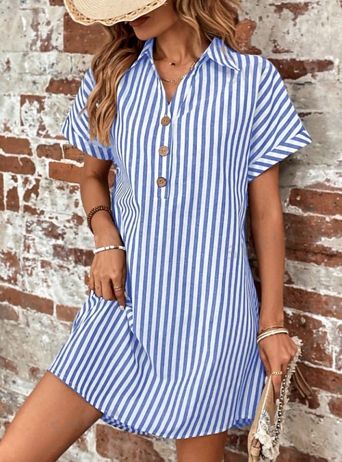 Women's Mini Dress Shirt Dress Casual Dress Stylish Casual Vacation Daily Regular Fit Stripe Short Sleeve Shirt Collar Black Royal Blue Summer