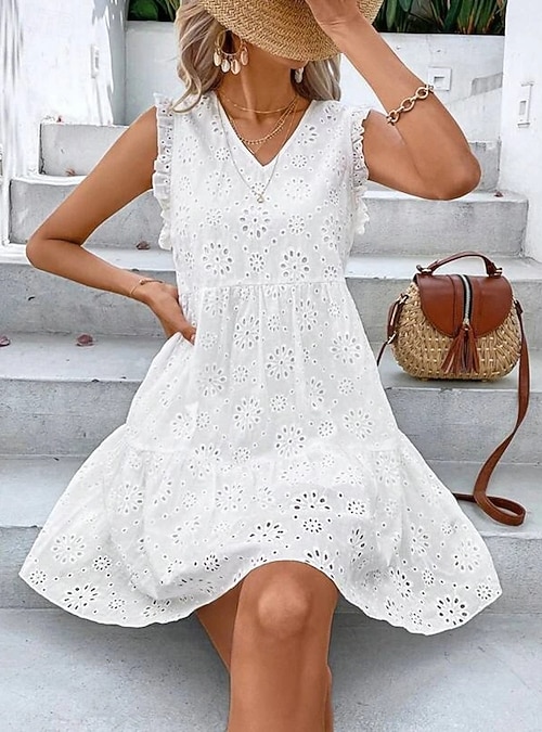 Women's Midi Dress Graduation Dress Tiered Dress Boho Dress Elegant Cap  Sleeve Daily Going out Festival Regular Fit Embroidery Sleeveless V Neck  White Summer Spring 2026 - CAD $38.99