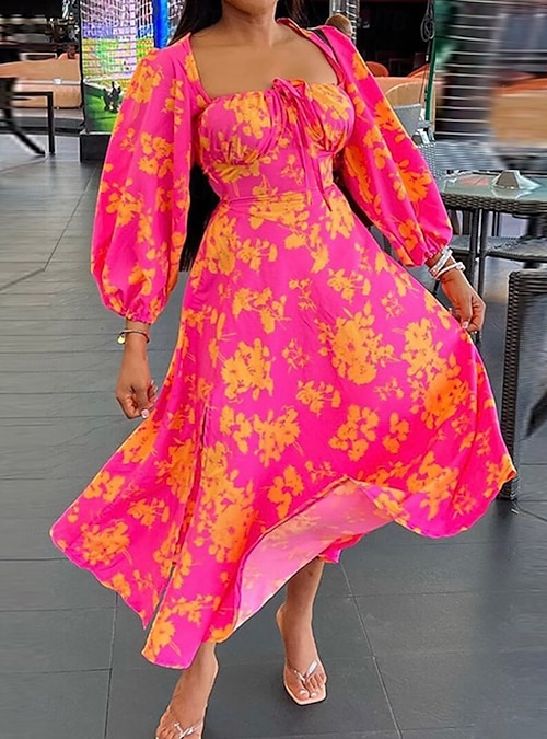 chinese dress ladies Summer Milkmaid Corset Dress Women Puff Sleeve Low Cut Square Neck Floral  Side Split Long Dresses Backless Ruffle Pleated Bohemian Maxi Sundress A  Line Casual Beach Dress S at Amazon Women's Clothing