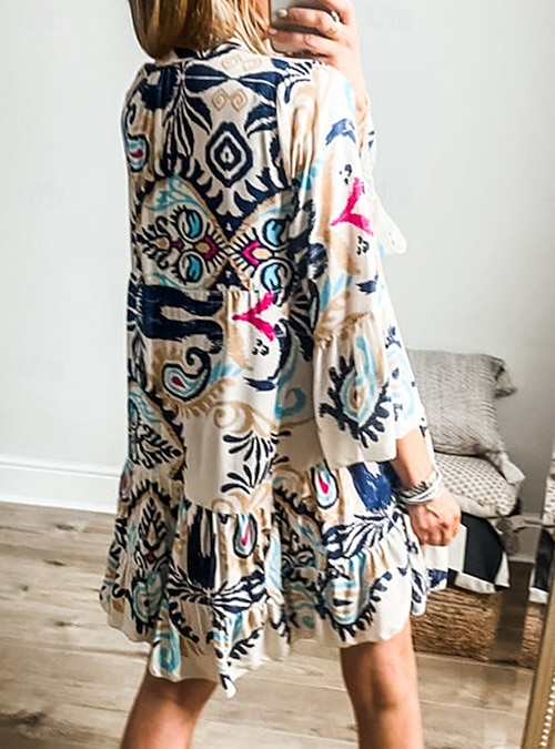 petite boho dresses with sleeves Women's Mini Dress Petite Dress Casual Dress Long Sleeve Boho Dress Summer Dress  Boho Dress Bohemia Ethnic Vacation Holiday Loose Fit Floral Geometric Color  Block Split Neck White Red Navy Blue 2026 -