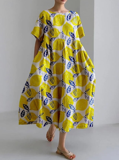 Women's Midi Dress A Line Dress T Shirt Dress Tee Dress Fit And Flare Dress  Athletic Dress Casual Vacation Daily Regular Fit Floral Graphic Short  Sleeve Crew Neck White Yellow Navy Blue