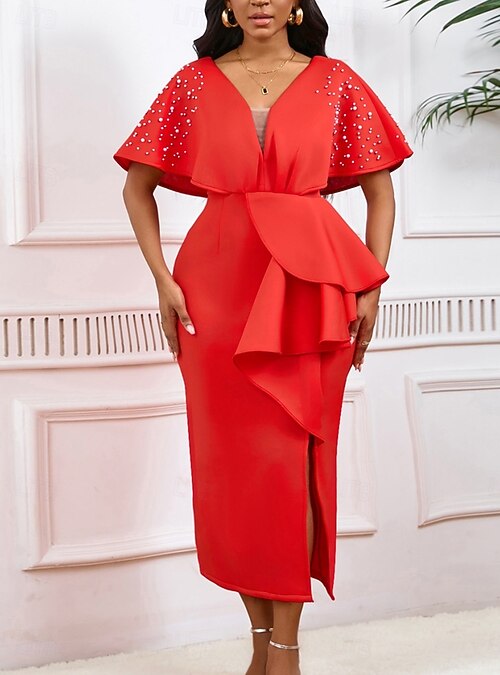Kentucky Derby Women's Midi Dress Bodycon Dress Puff Sleeve Dress Elegant  Formal Cocktail Formal Party Wedding Guest Regular Fit Graphic Short Sleeve  V Neck Black White Yellow Red Summer 2026 - $49.99