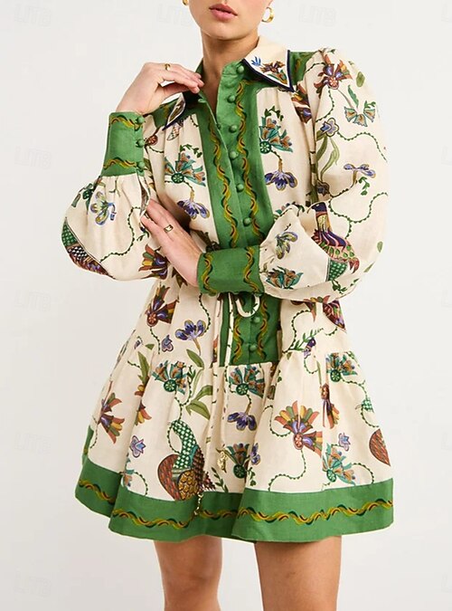 Women's Mini Dress A Line Dress Summer Dress Fit And Flare Dress Puff  Sleeve Dress Vacation Cocktail Vacation Daily Regular Fit Floral Graphic  Long Sleeve Lapel Green Summer 2026 - $48.99
