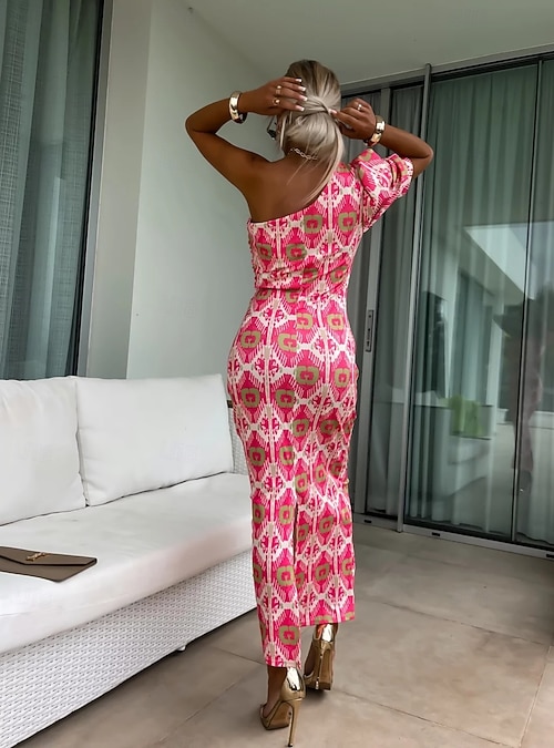 Women's Long Dress Maxi Dress Elegant Dress Off The Shoulder Dress Elegant  Regular Fit Floral Geometric Half Sleeve One Shoulder Pink Blue Orange  Summer 2026 - $25.99