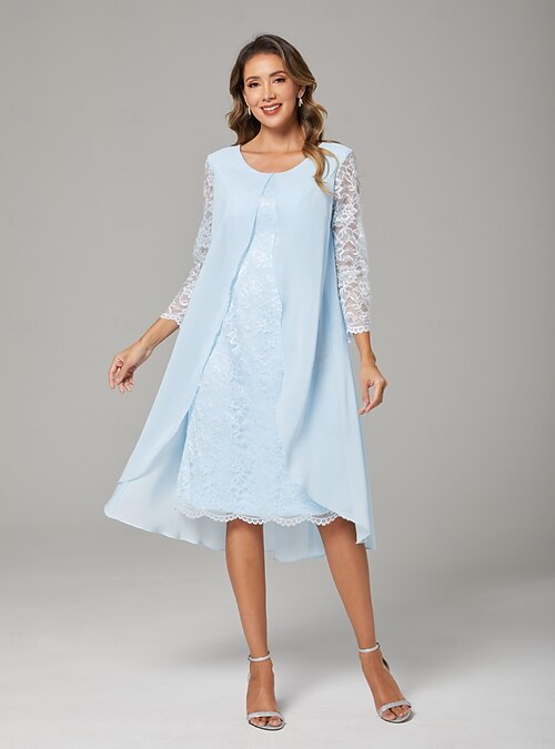 A-Line Mother of the Bride Dress Elegant Plus Size Crew Neck Knee Length Chiffon Lace Long Sleeve with Lace 2026 - $149.99 A-Line Mother of the Bride Dress Elegant Plus Size Crew Neck Knee Length Chiffon Lace Long Sleeve with Lace 2026 - $149.99