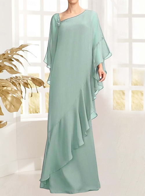 Sheath / Column Mother of the Bride Dress Elegant Vintage Simple  Asymmetrical Neck Floor Length Chiffon Long Sleeve with Beading Ruffles  Cascading Ruffles 2026 - $183.99