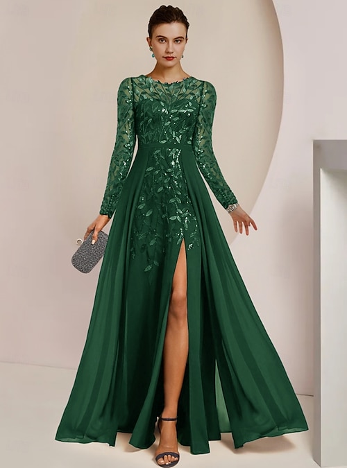 A-Line Floor Length Wedding Guest Dress Formal Dresses Evening Gown Mother  of the Bride Dress Long Sleeve Jewel Neck Elegant Wedding Guest Formal  Evening Chiffon Lace Sequined with Split Front 2026 -