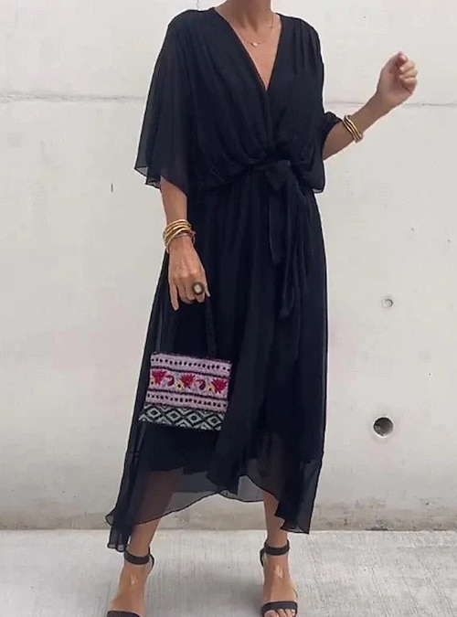 Women's Midi Dress White Dress Casual Dress Cocktail Dress Wedding Guest  Dress Elegant Stylish Batwing Sleeve Daily Vacation Date Regular Fit Plain  Half Sleeve V Neck Black White Gray Summer Spring 2026 -