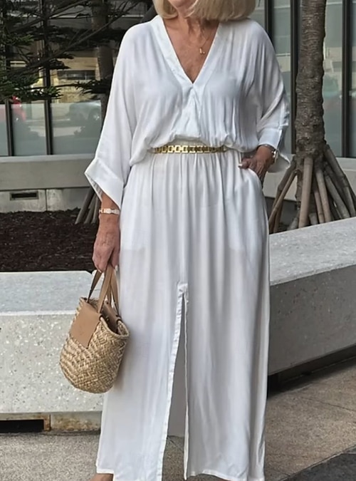 Women's Maxi Dress Linen-Inspired Dresses Kaftan Dress Casual Dress Basic  Casual Daily Vacation Regular Fit Plain 3/4 Length Sleeve V Neck Black  White Summer Spring 2026 - $27.99