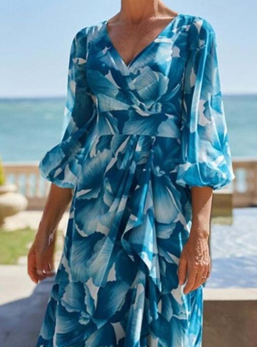 A-Line Mother of the Bride Dress Floral Print Elegant Simple Minimalist V  Neck Floor Length Bubble Sleeve Chiffon with Pleats Race Day Dress Wedding  Guest Dress 2026 - $162.99