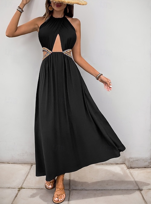 Women's Maxi Dress Black Dress Graduation Dress Casual Dress Cocktail Dress  Vacation Casual Daily Vacation Holiday Regular Fit Plain Sleeveless V Neck  Black Summer 2026 - GBP 32.99
