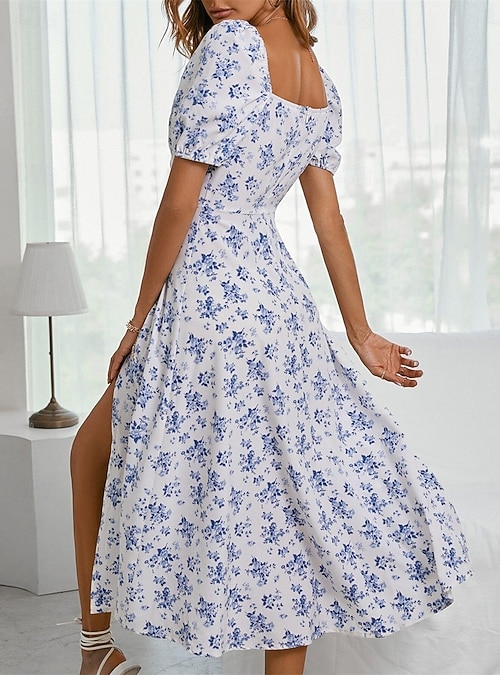 Women's Midi Dress Corset Dress A Line Dress Milkmaid Dress Puff Sleeve  Dress Vacation Vacation Casual Daily Regular Fit Floral Graphic Short  Sleeve Square Neck Light Blue Summer 2026 - CAD $88.99