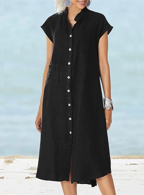 Women's Long Dress Maxi Dress Linen-Inspired Dresses Cotton Linen Dresses  Shirt Dress Casual Dress Stylish Casual Daily Vacation Date Regular Fit  Plain Short Sleeve Stand Collar Black White Gray 2026
