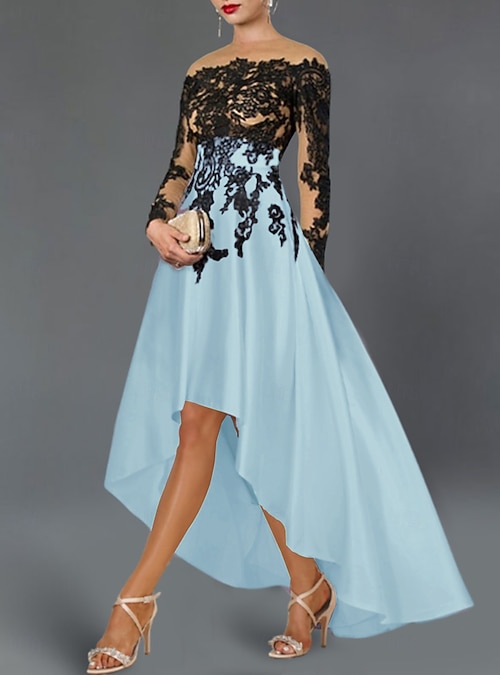A-Line Cocktail Dresses Elegant Dress Wedding Party Semi Formal  Asymmetrical Long Sleeve Off Shoulder Fall Wedding Guest Satin with Beading  Embroidery Appliques Dresses 2026 - $167.99