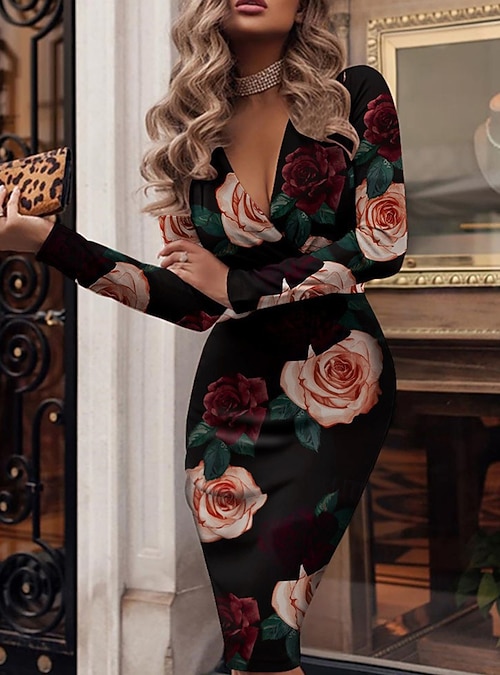 Women's Midi Dress Wrap Dress Bodycon Dress Work Dresses Birthday Semi  Formal Vacation Daily Regular Fit Floral Long Sleeve V Neck Black And White  Black Pink Summer 2026 - $24.99