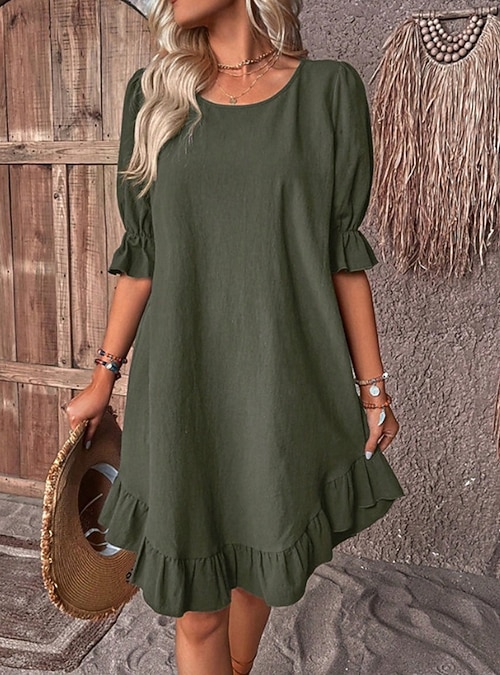 cotton blend casual dresses Womens Summer Dresses, Soft Linen Maxi Dress, Short Sleeve V Neck Loose Fit Dress White M offering a soft textured touch and excellent air circulation for all Women's Casual Boho Chic Floral