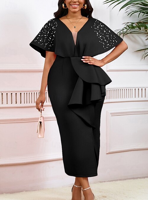 Kentucky Derby Women's Midi Dress Bodycon Dress Puff Sleeve Dress Elegant  Formal Cocktail Formal Party Wedding Guest Regular Fit Graphic Short Sleeve  V Neck Black White Yellow Red Summer 2026 - KWD 18.99