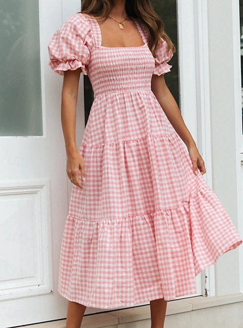 Women's Midi Dress Corset Dress A Line Dress Milkmaid Dress Puff Sleeve  Dress Stylish Casual Vacation Daily Regular Fit Plaid Short Sleeve Square  Neck Pink Blue Summer 2026 - $38.99