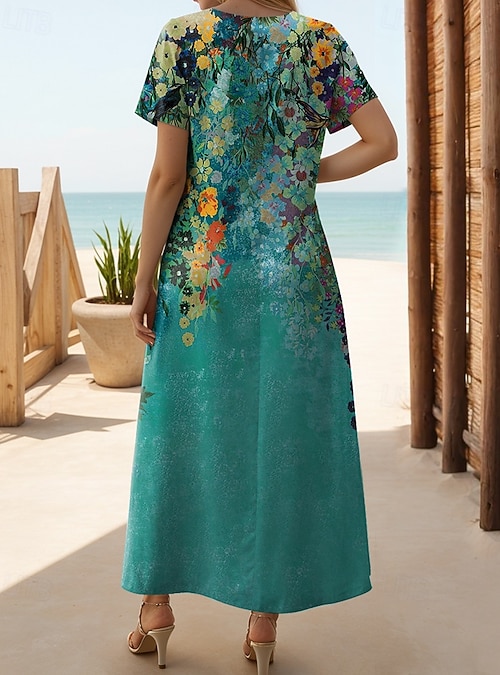 Women's Maxi Dress T Shirt Dress Tee Dress Sundress Shift Dress Elegant  Vacation Vintage Vacation Party Holiday Regular Fit Floral Vintage Short  Sleeve Crew Neck Peacock Blue 2026 - $25.99