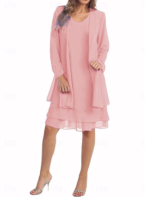Women's Knee Length Dress Casual Dress Dress Set Chiffon Dress Elegant  Casual Daily Weekend Loose Fit Plain Long Sleeve Crew Neck Light Pink Black  Wine Navy Blue Summer Spring Fall 2026 -